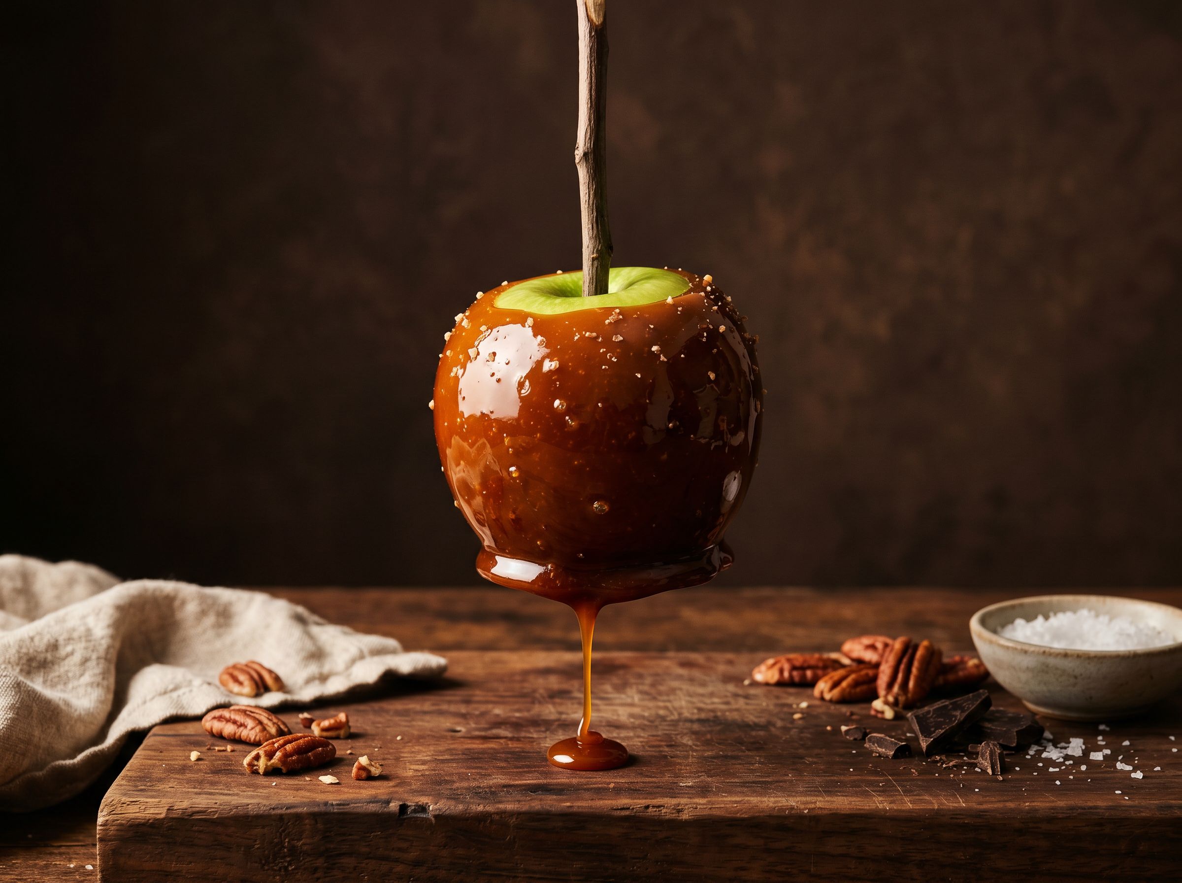 A caramel apple dipped by hand