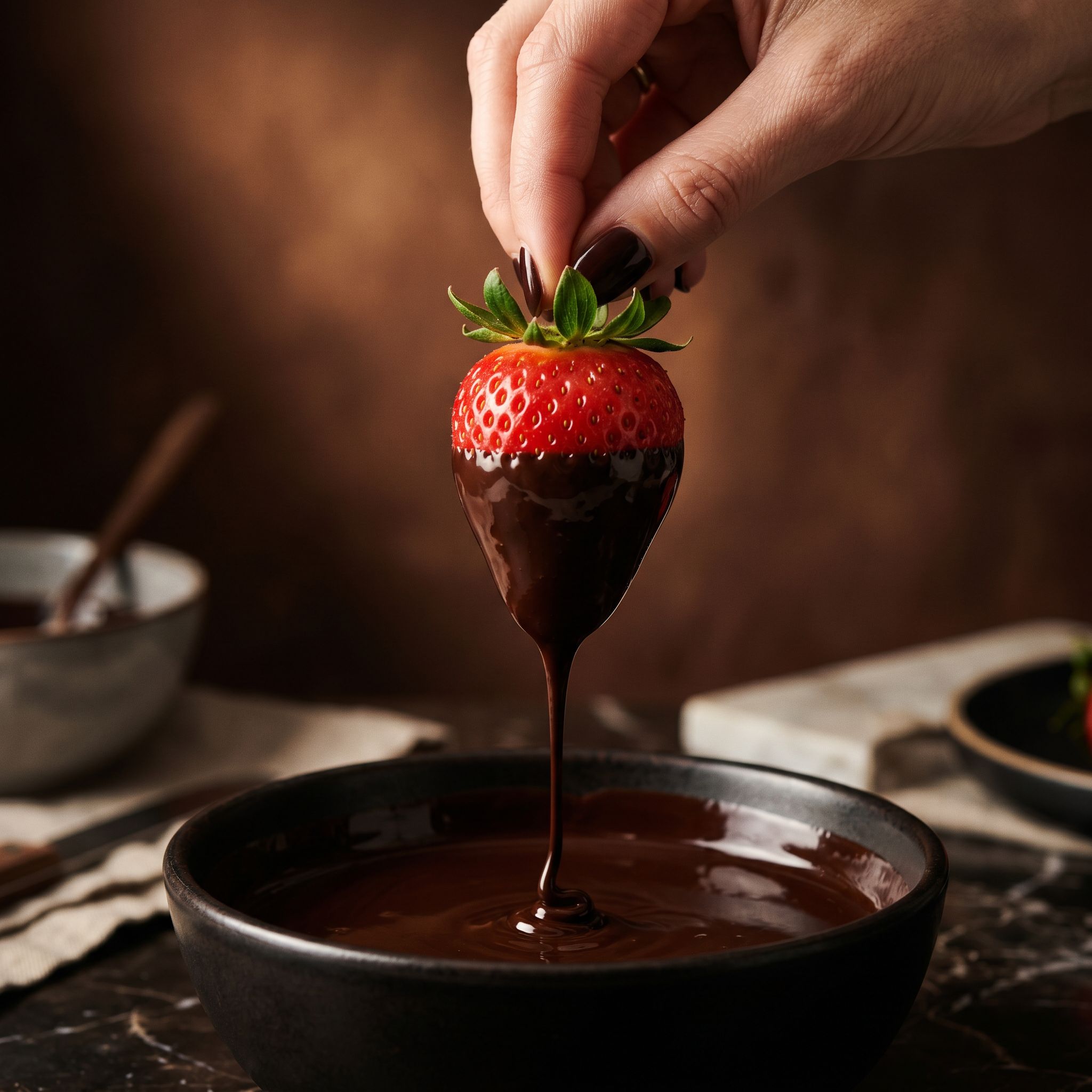 A chocolate-dipped strawberry, the kind hand-dipped at Little Sweet Pea