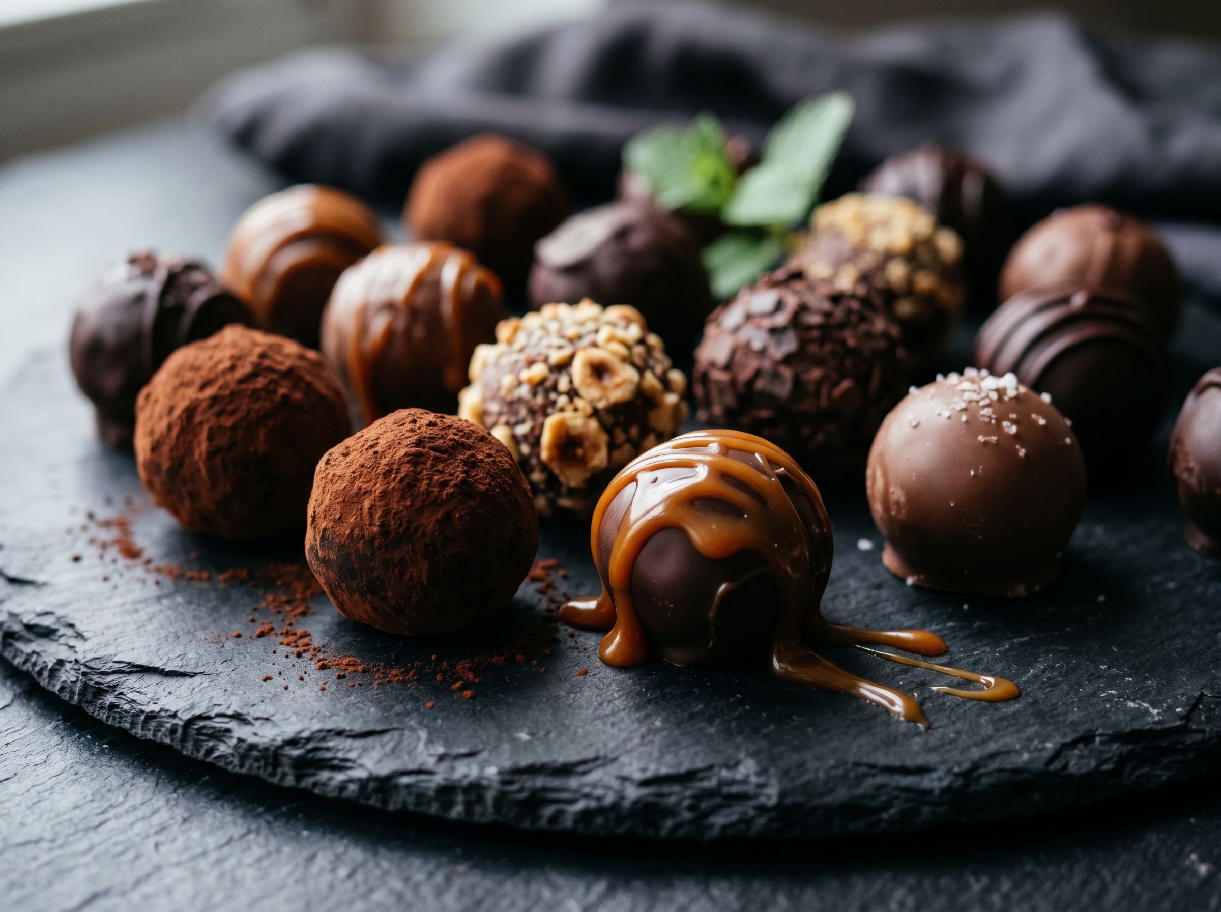 A row of hand-dipped chocolate truffles in the case